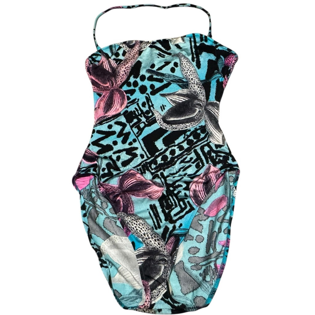 Leilani Jones 90s One Piece Swimsuit Tropical Halter Top Sz 12 Vtg High Leg Cut
